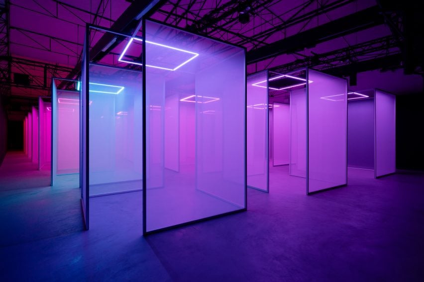 Purple boxes from Making sense of color by Chromasonic for Google at Milan design week 2024 