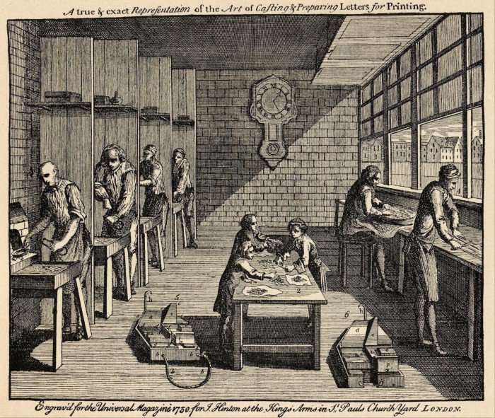 A black and white photograph of people working on benches in a letter founder's workhouse, circa 1750, which appeared in Universal Magazine.